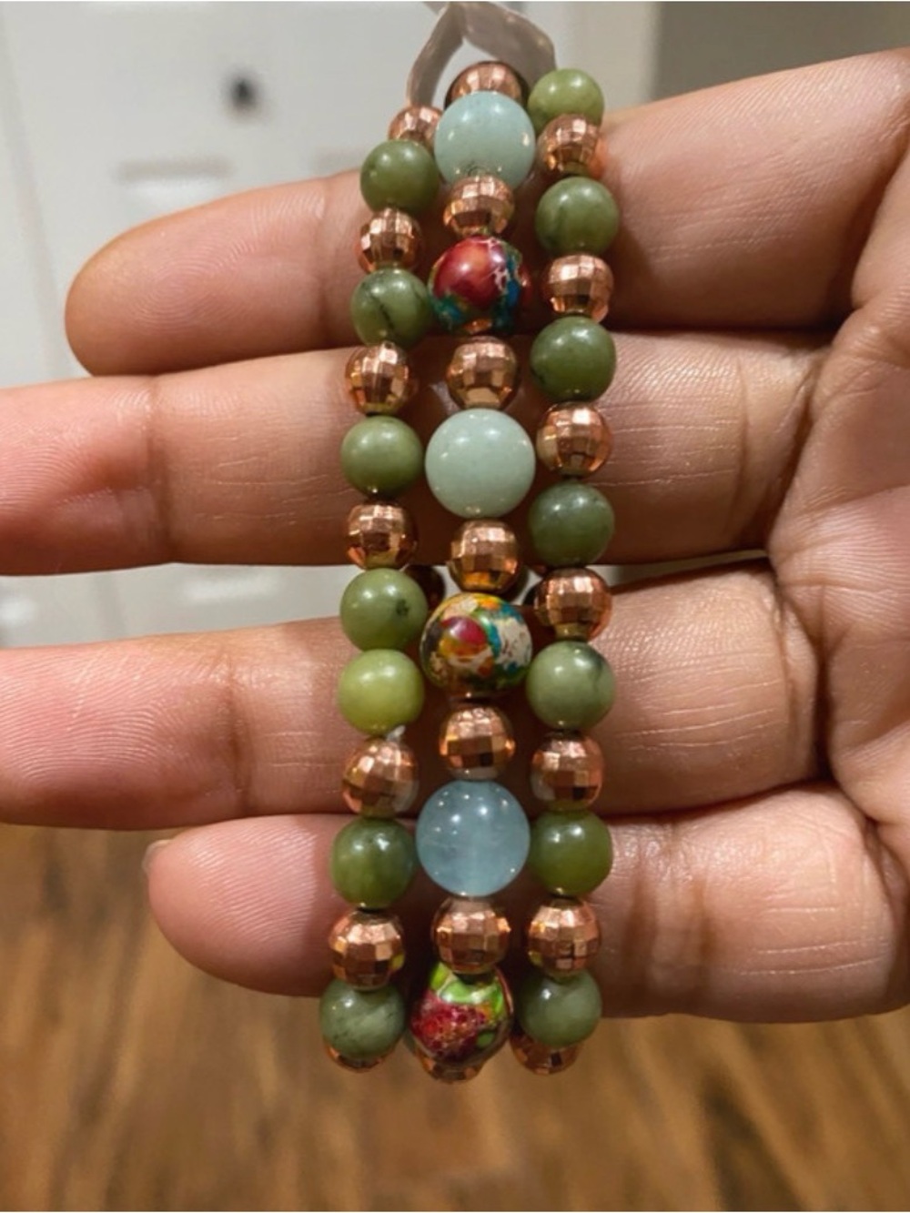 Colorful Sea Sediment Jasper, Amazonite & China Jade Healing Stacked Bracelets - Picture 2 of 6